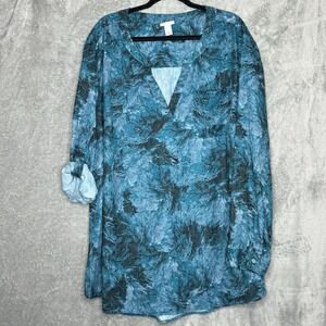 Ava & Viv 4X Shirt Top Blue Black Abstract Tab Long Sleeve V Neck Tunic High Low
